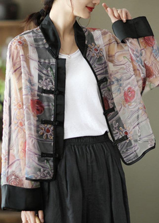 Light Purple Print Tulle Organza Patchwork Oriental Coat Summer