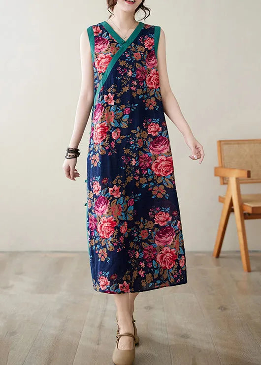 Style Navy Print Side Open Linen Dresses Sleeveless