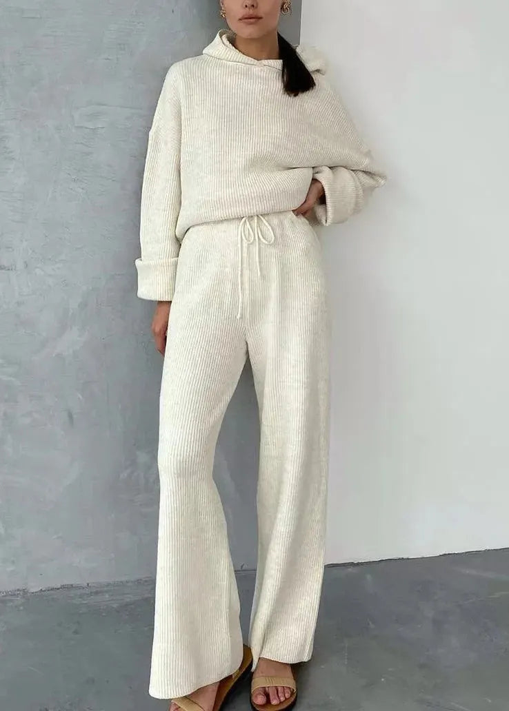 French Apricot Hooded Pullover Knit Two Pieces Set Winter