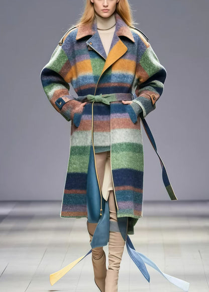 Multicolor Tie Waist Striped Woolen Coat Fall