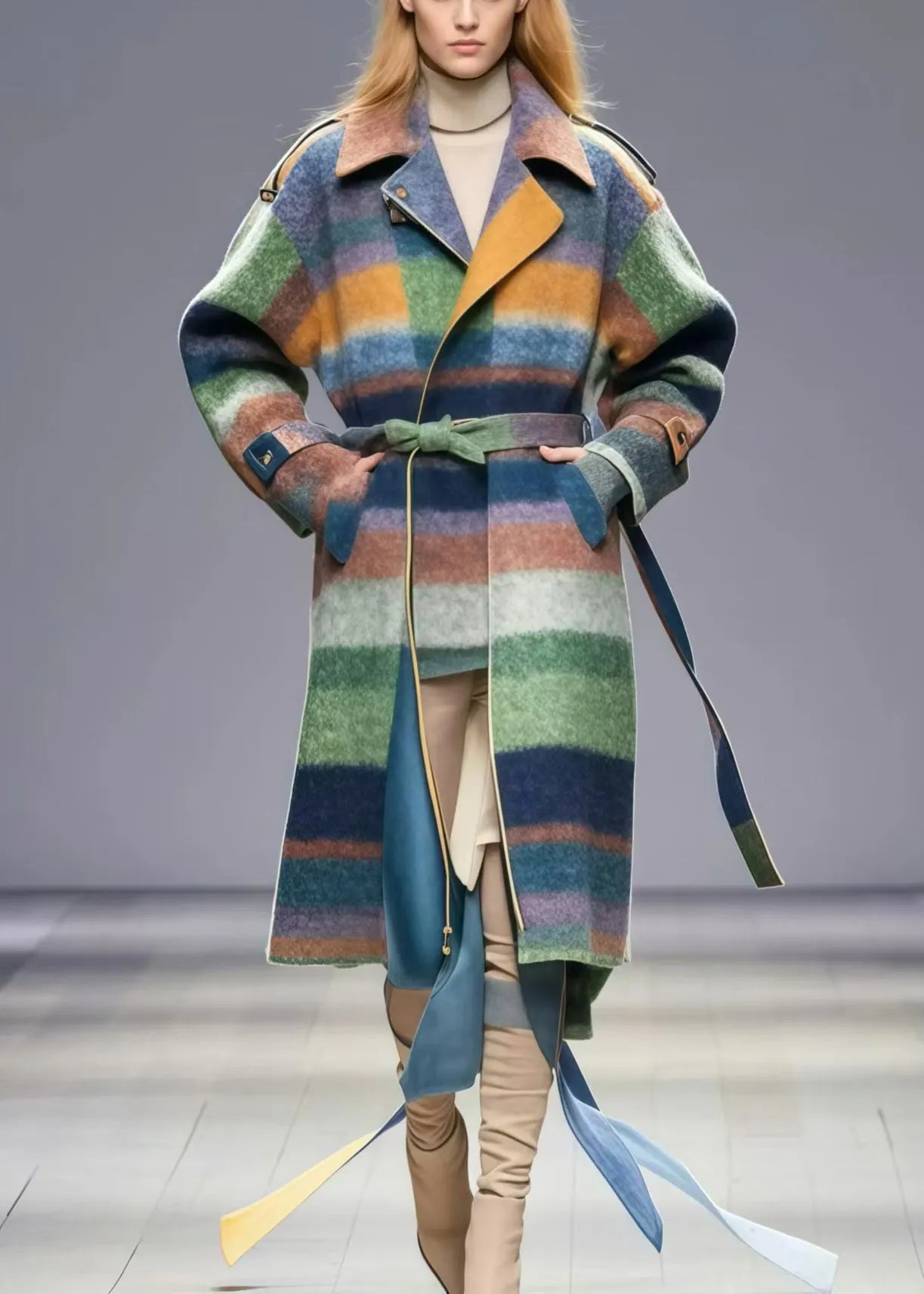 Multicolor Tie Waist Striped Woolen Coat Fall