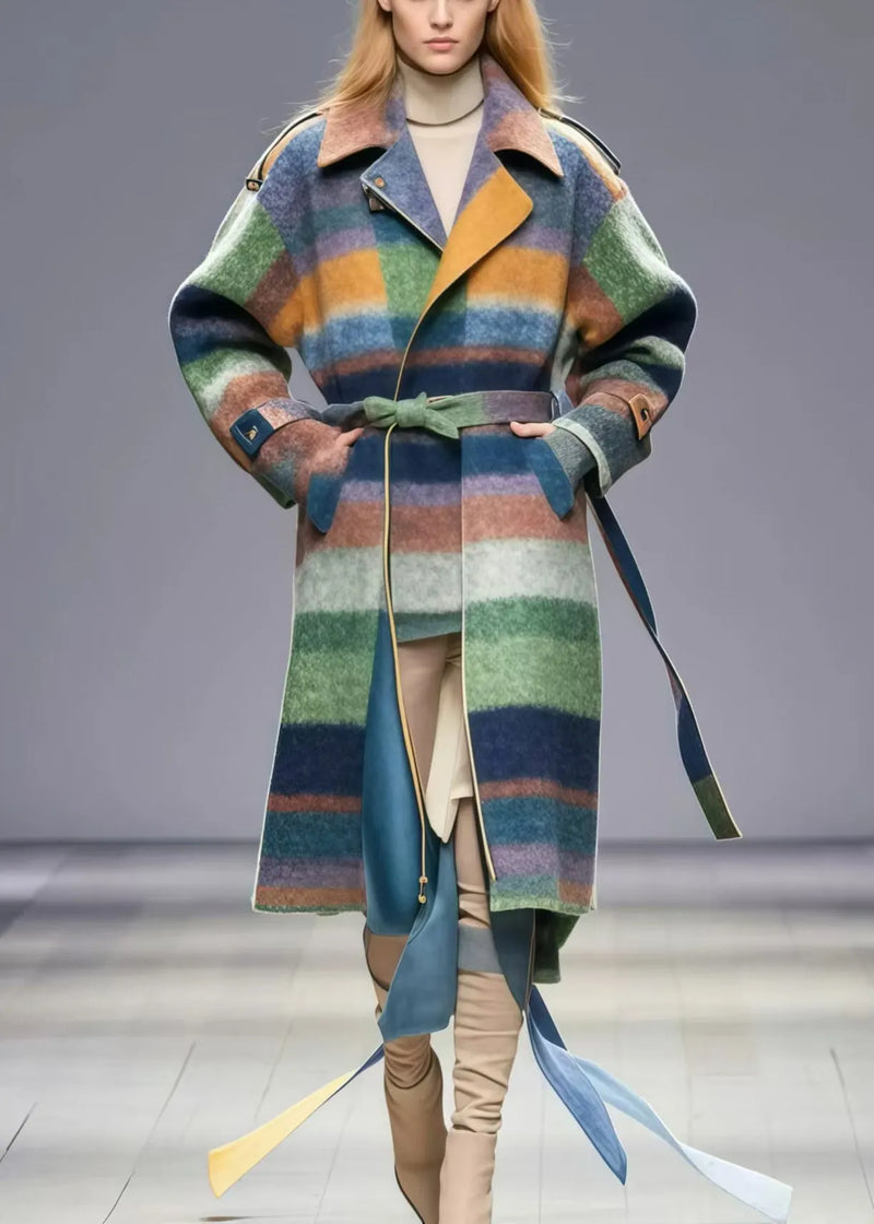 Multicolor Tie Waist Striped Woolen Coat Fall