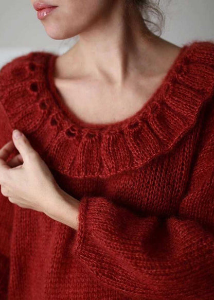 Red Peter Pan Collar Oversized Knit Pullover Winter