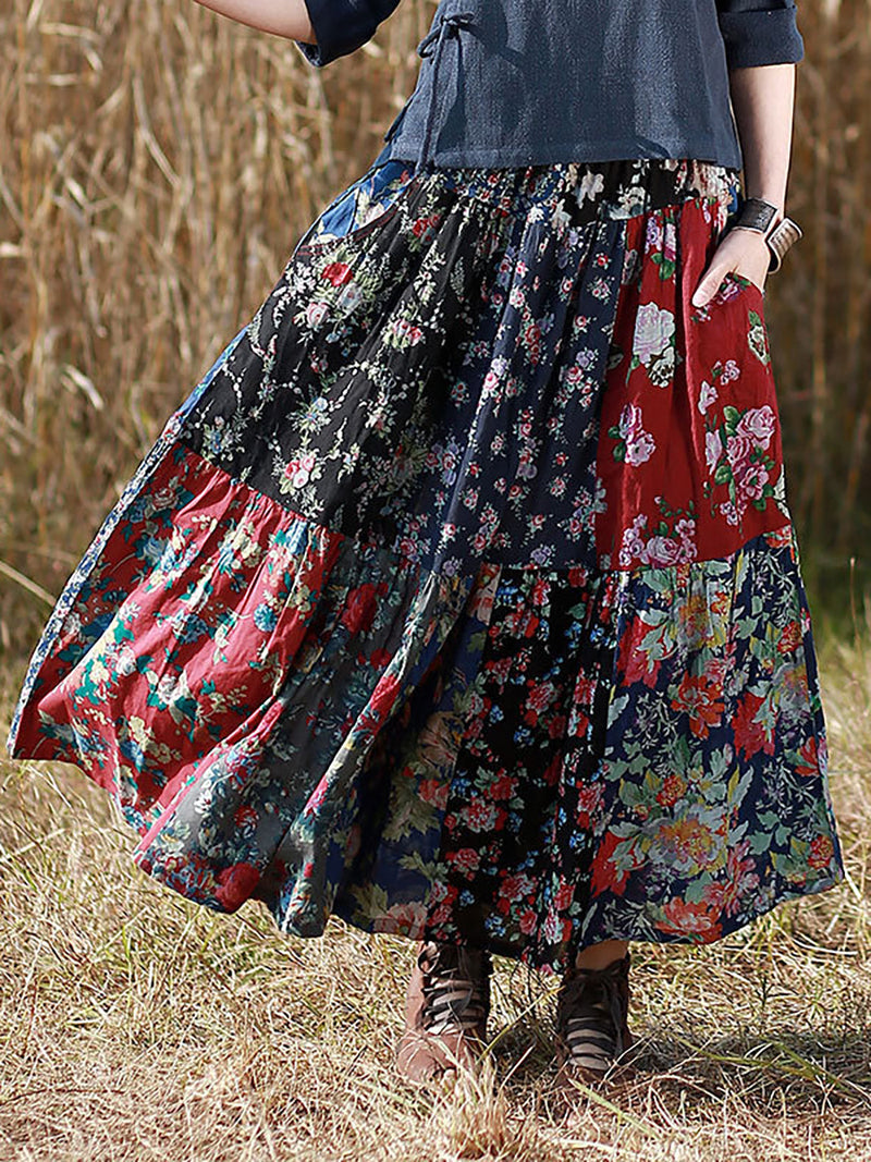 Retro Splicing Cloth Flower Printed Skirt