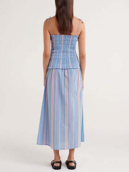 Pleated Striped Printed Stretch Panel Midi Dress
