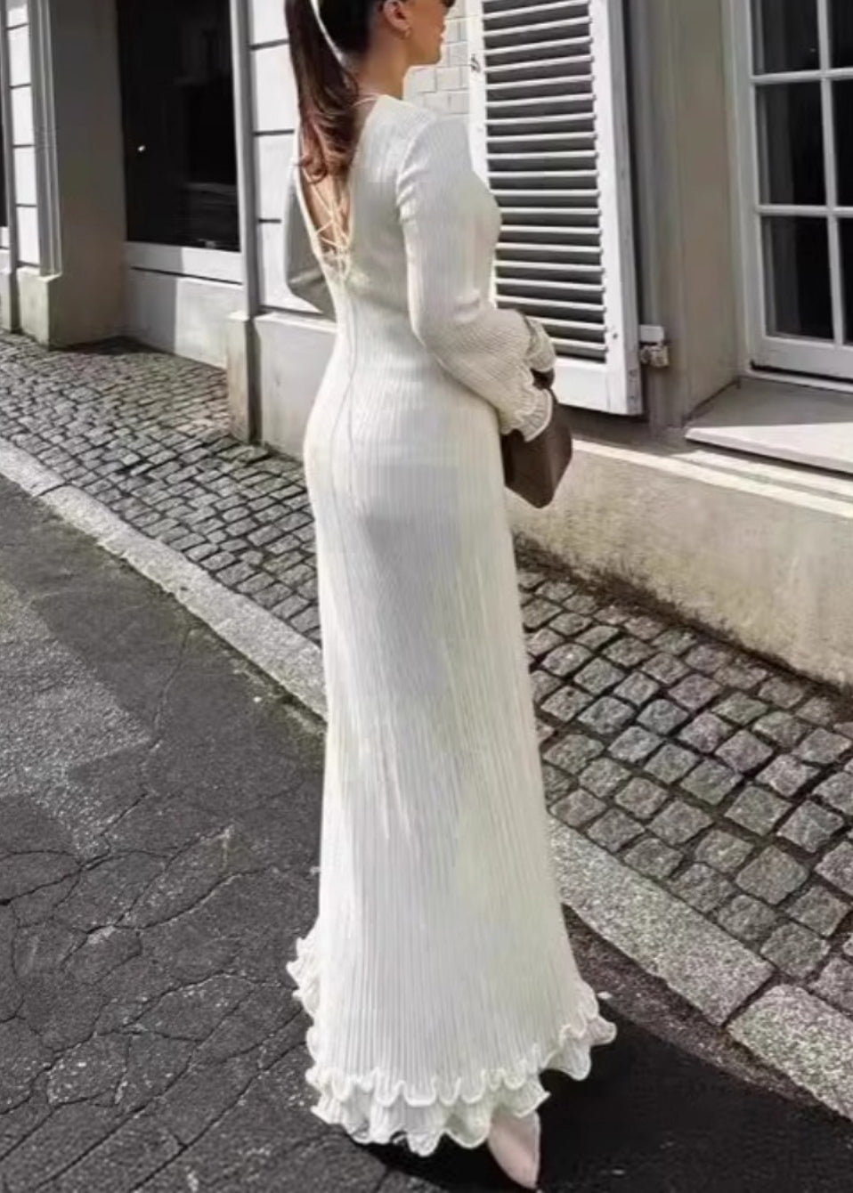 White Ruffled Lace Up Cotton Robe Dresses Flare Sleeve
