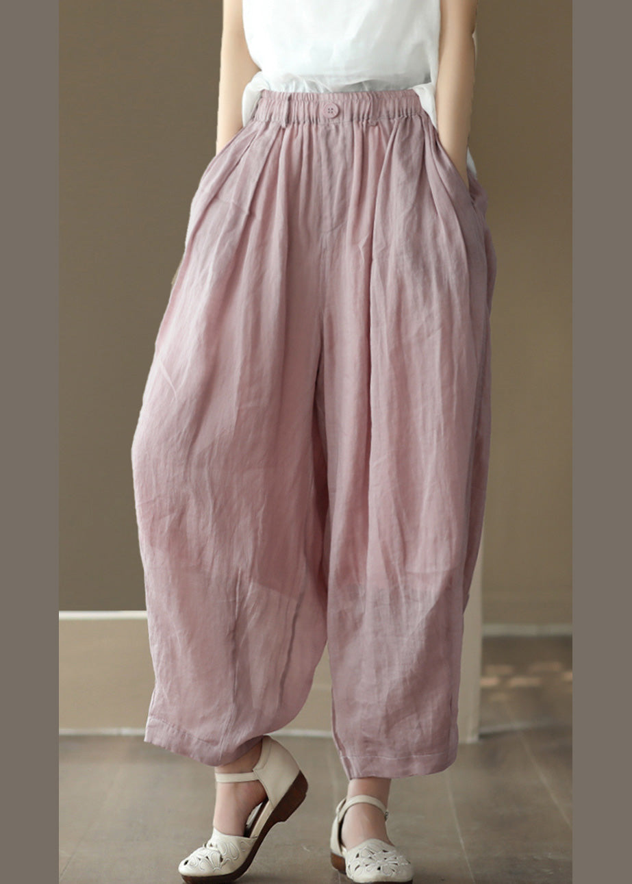 Brief Pink Elastic Waist Wide Ramie Leg Pants Summer