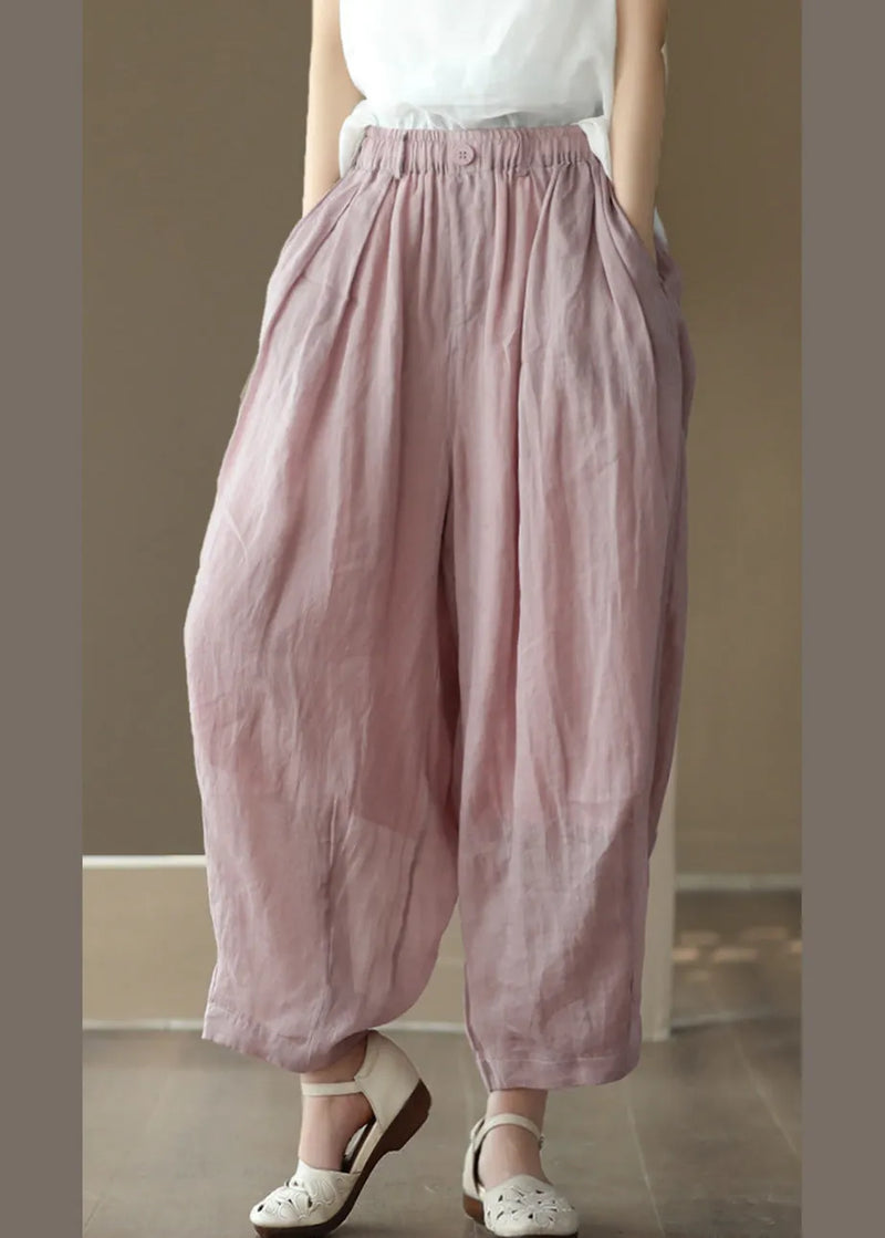 Brief Pink Elastic Waist Wide Ramie Leg Pants Summer