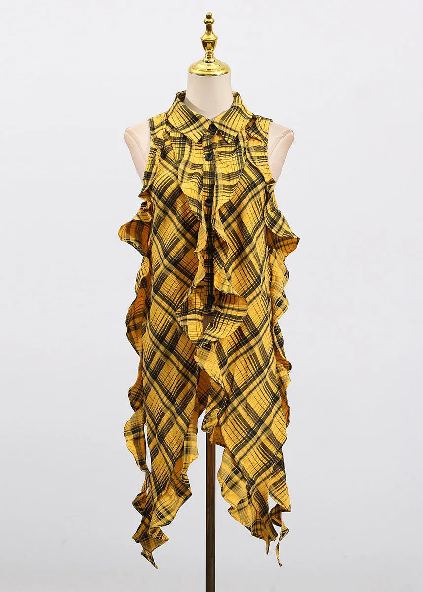 Style Yellow Asymmetrical Ruffled Plaid Cotton Blouse Top Sleeveless