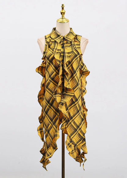 Style Yellow Asymmetrical Ruffled Plaid Cotton Blouse Top Sleeveless