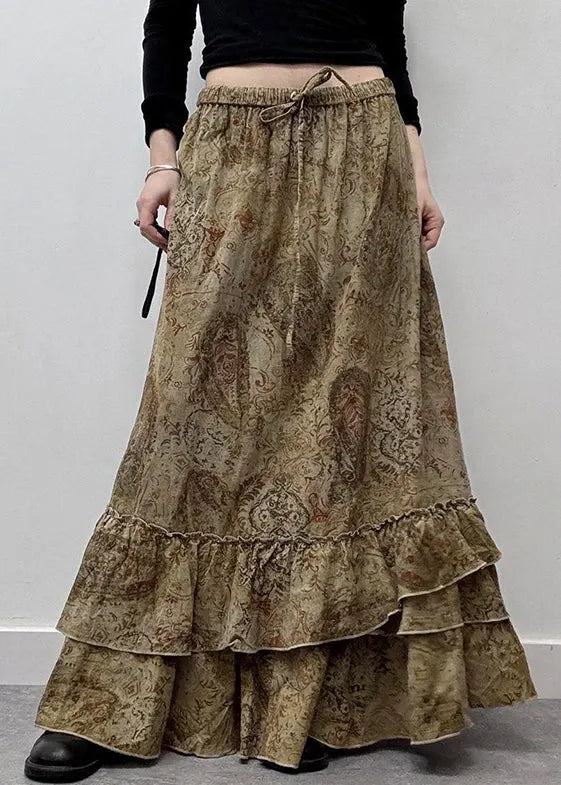 New Khaki Ruffled Print Elastic Waist Cotton Maxi Skirts Summer