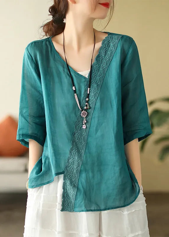 Brief Mulberry V Neck Embroidered Lace Patchwork Linen Top Short Sleeve
