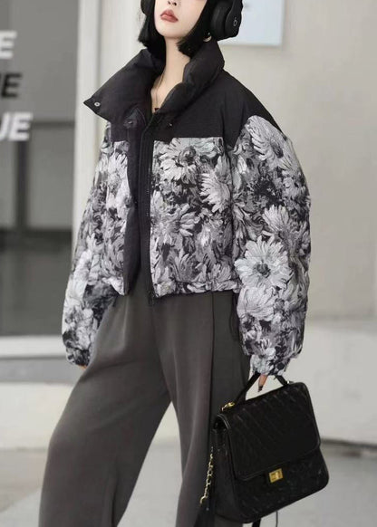 Black Oversized Print Duck Down Puffer Jacket Winter