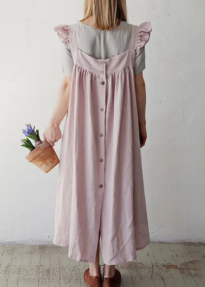 French Pink Square Collar Ruffled Cotton Spaghetti Strap Dress Summer