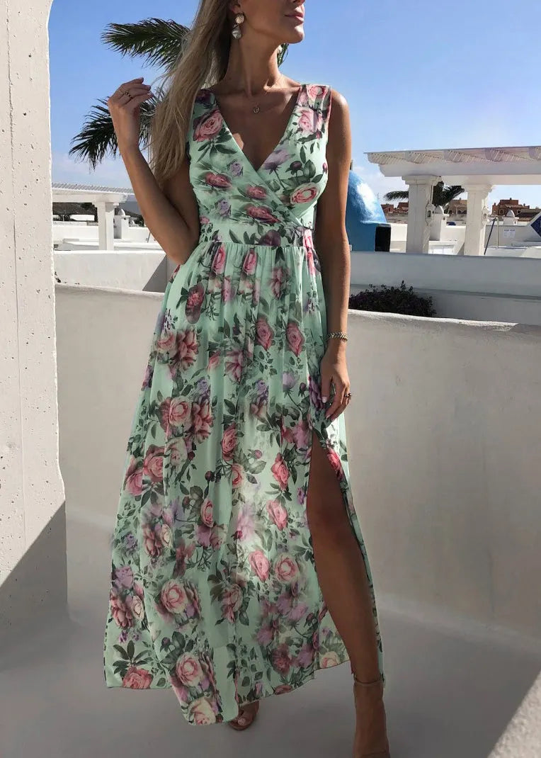 French Pink Print Side Open Chiffon Dress Sleeveless