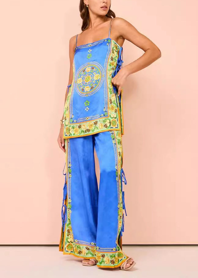 Blue Print Patchwork Tasseel Top and Wide Leg Pants Two Pieces Set Summer