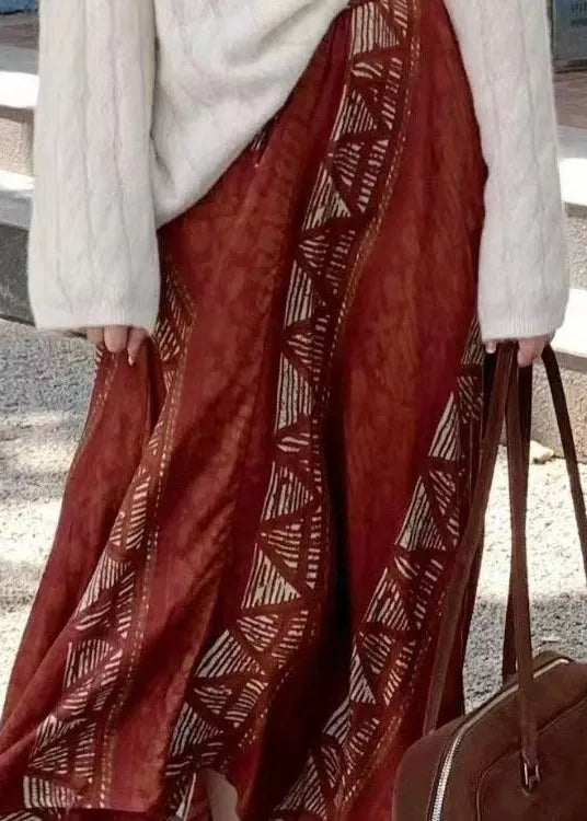 Red Asymmetrical Print Cotton Skirts Fall