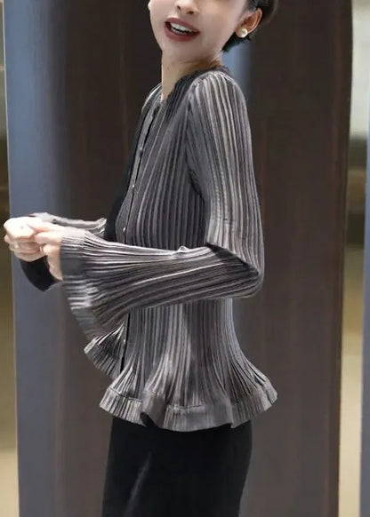 Slim Fit Grey Wrinkled Button Cotton Blouses Fall