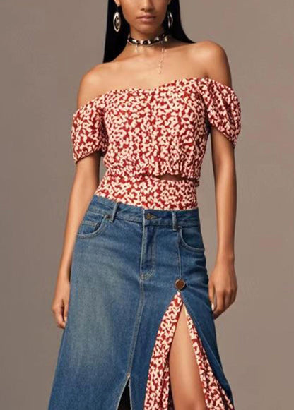Navy Asymmetrical Patchwork Side Open Denim Skirt Fall