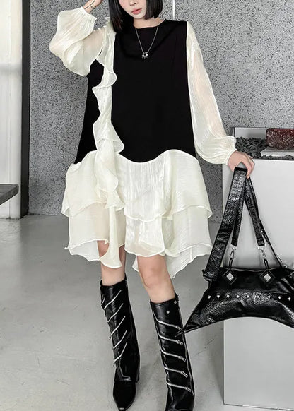Apricot Ruffled Organza Patchwork Cotton Dress Fall
