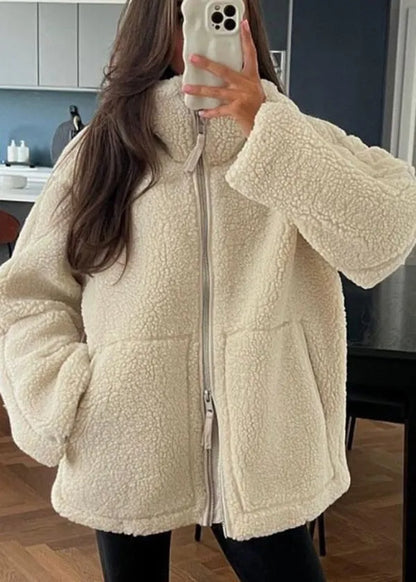 Style Khaki Zip Up Pockets Faux Fur Coat Outwear Winter