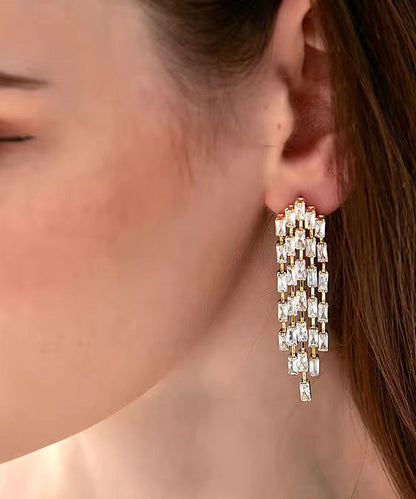 Gold Sterling Silver Overgild Zircon Tassel Drop Earrings