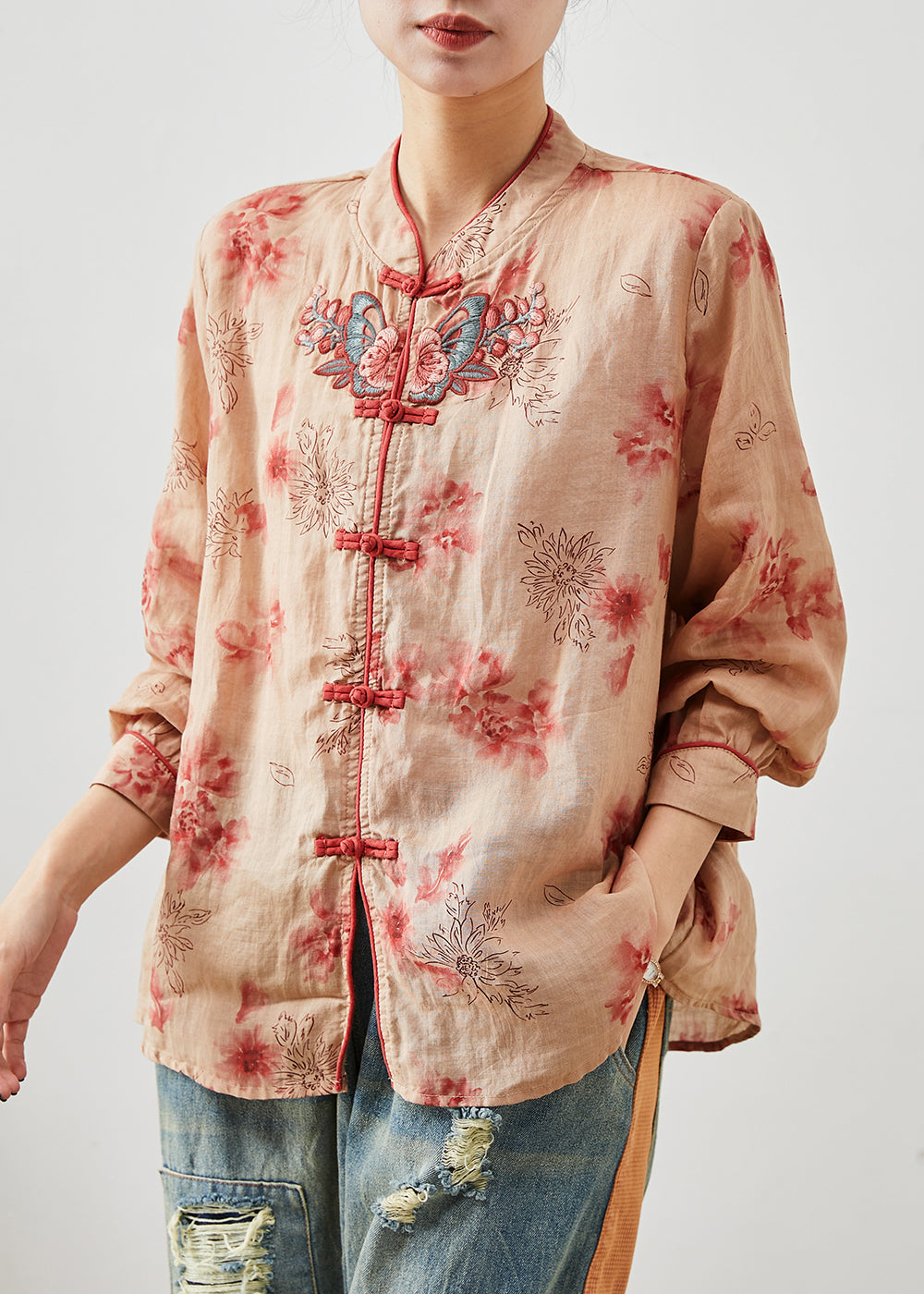 Orange Embroidered Print Linen Blouse Top Summer