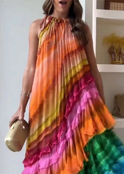 Rainbow Wrinkled Lace Up Cotton Maxi Dresses Sleeveless