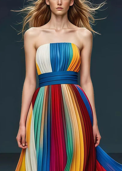 Rainbow Cinched Exra Large Hem Chiffon Strapless Pleated Dress Summer