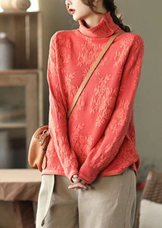 Orange Thick Knit Sweater Tops Jacquard Spring