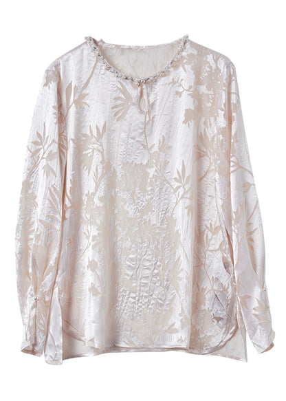 Apricot O-neck Nail Bead Hollow Out Chiffon Shirt Long Sleeve