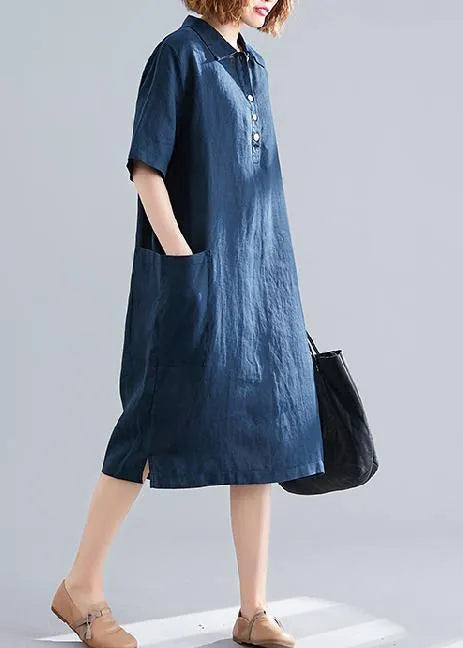 Navy Cotton Quilting Clothes Lapel Pockets Dress