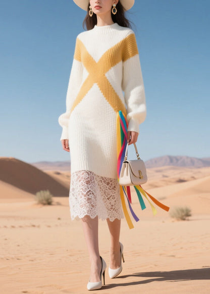 White Lace Patchwork Warm Knitwear Dress Winter