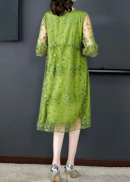 Green O Neck Embroidered Patchwork Tulle Mid Dress Summer