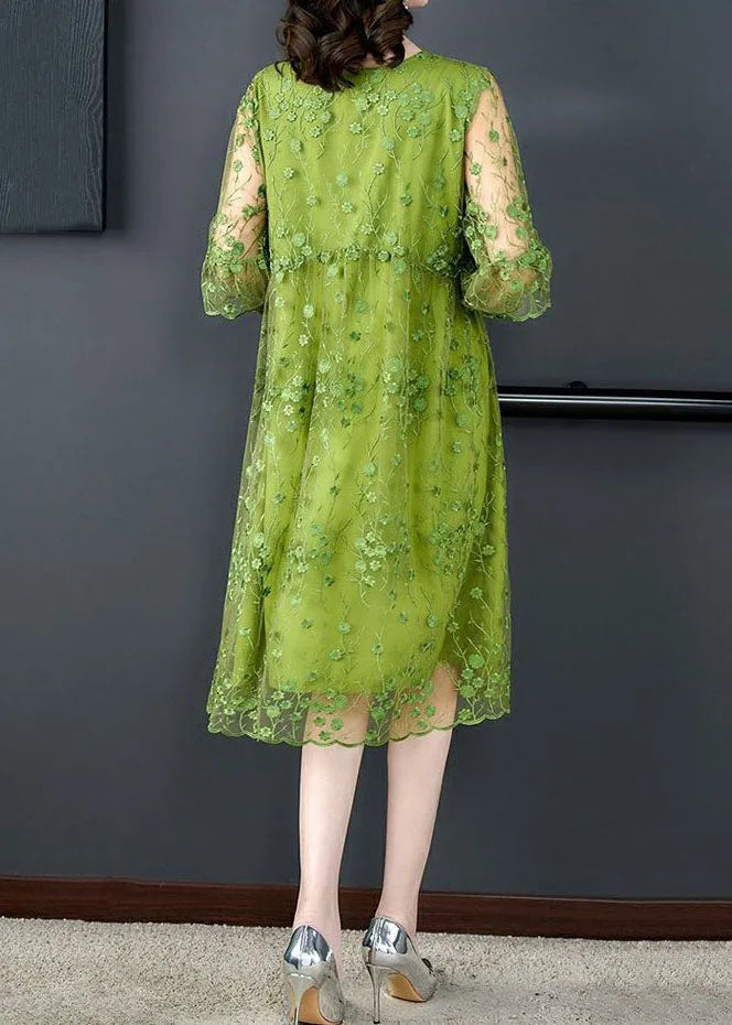 Green O Neck Embroidered Patchwork Tulle Mid Dress Summer