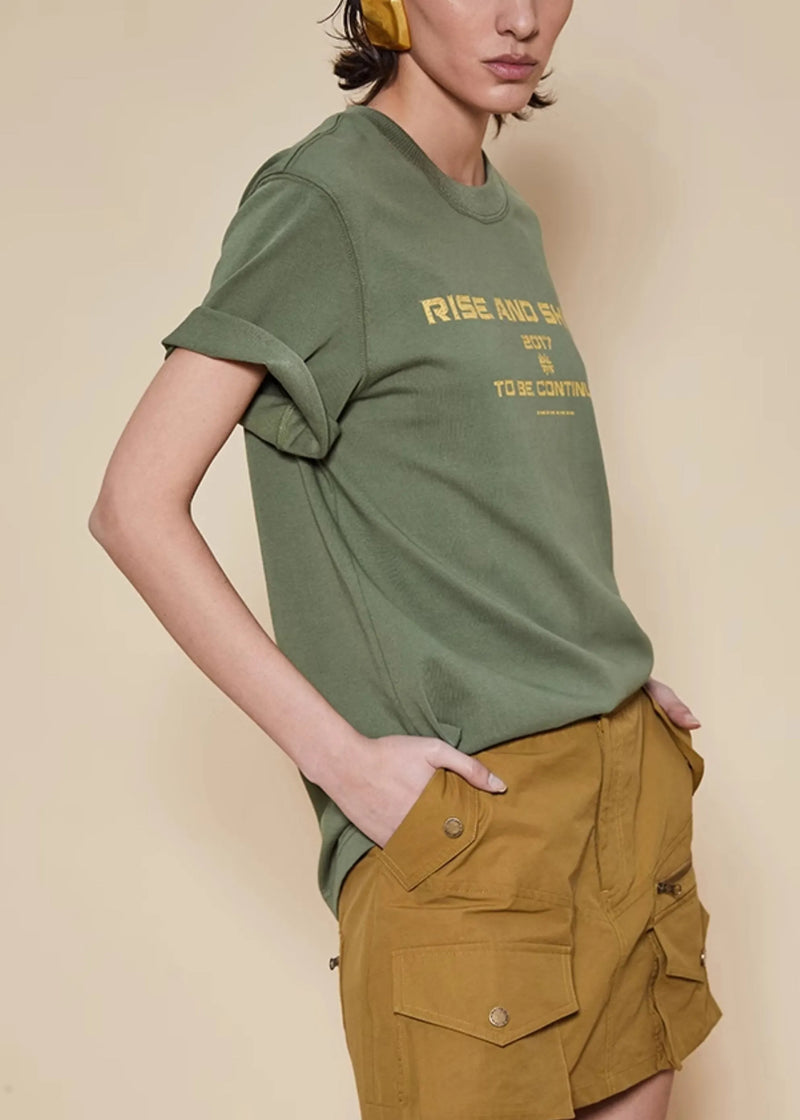 Green O Neck Letter Cotton T Shirt Summer