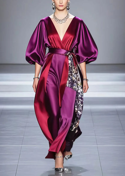 Purple Asymmetrical Patchwork Silk Dresses Lantern Sleeve