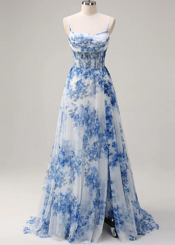 Unique Blue Print Side Open Chiffon Spaghetti Strap Dress Summer