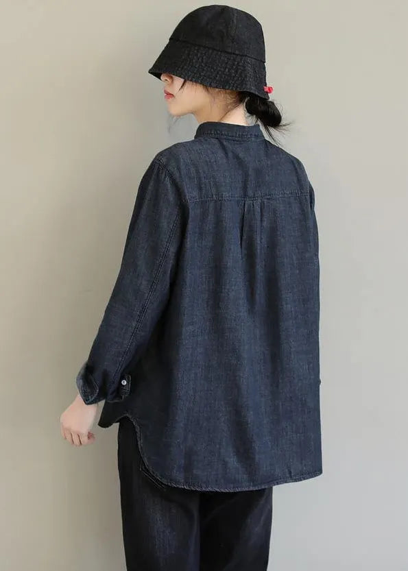 French Denim Black Top Lapel Pockets Baggy Spring Blouses
