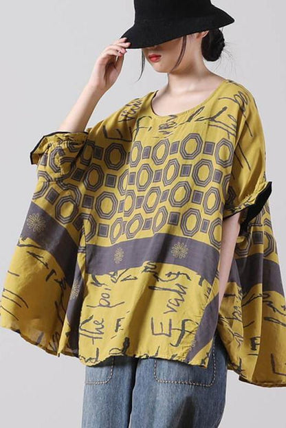 Stitching Print Split O Neck Loose T-shirt