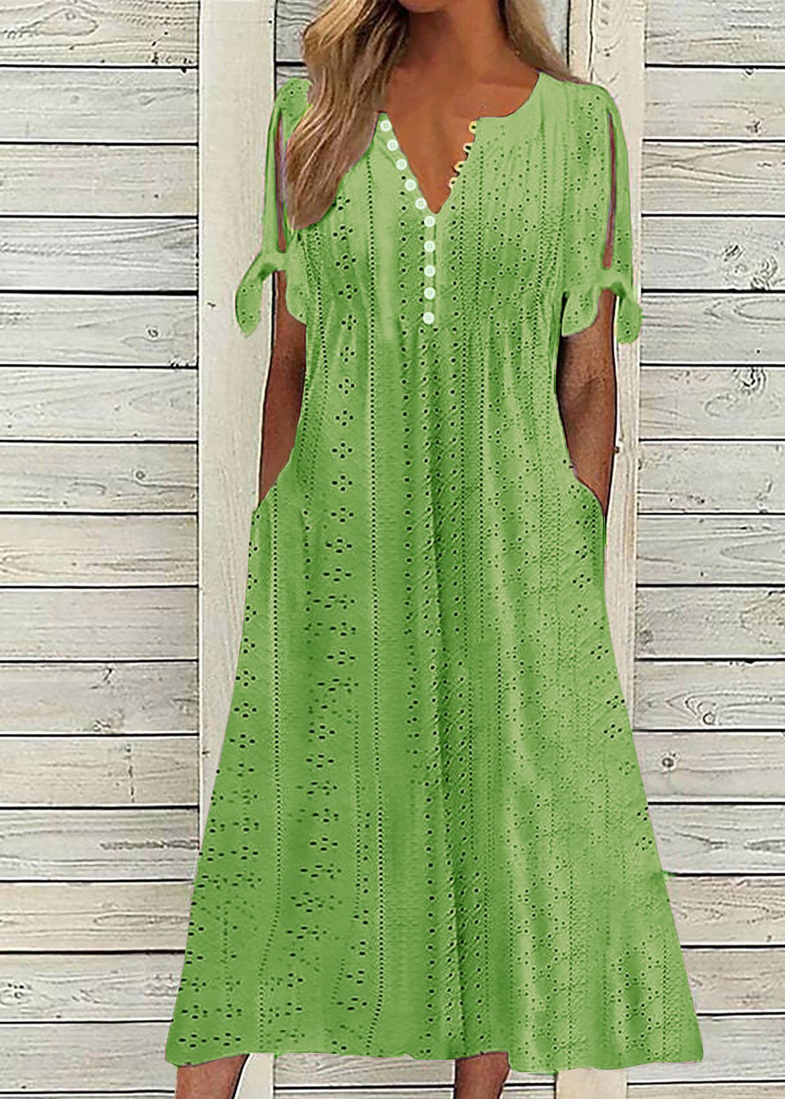 New White V Neck Hollow Out Loose Cotton Dress Summer