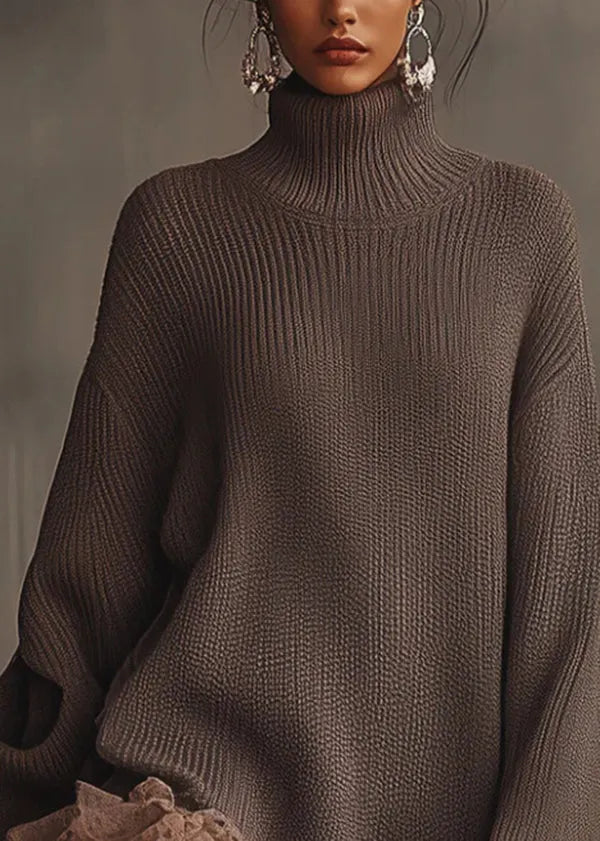 Brown Hign Neck Ruffled Patchwork Knit Sweater Dress Winter