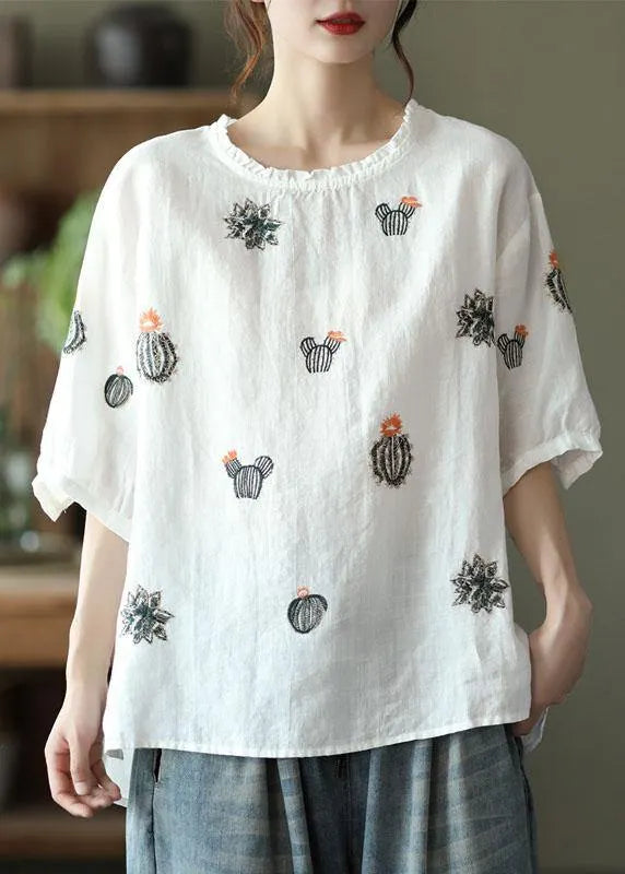 White O-neck Embroidered Summer Ramie Blouse Half Sleeve