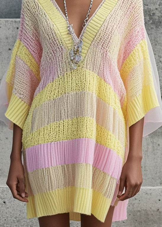 Yellow V Neck Patchwork Tulle Sweater Dress Fall