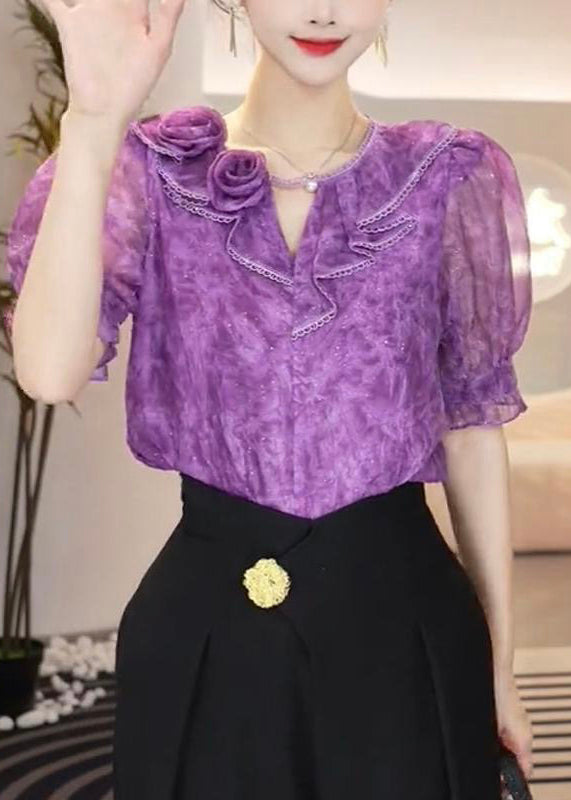 Fitted Purple O Neck Patchwork Chiffon Top Summer