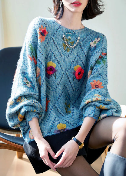 Blue O-neck Hollow Out Knit Sweaters Batwing Sleeve