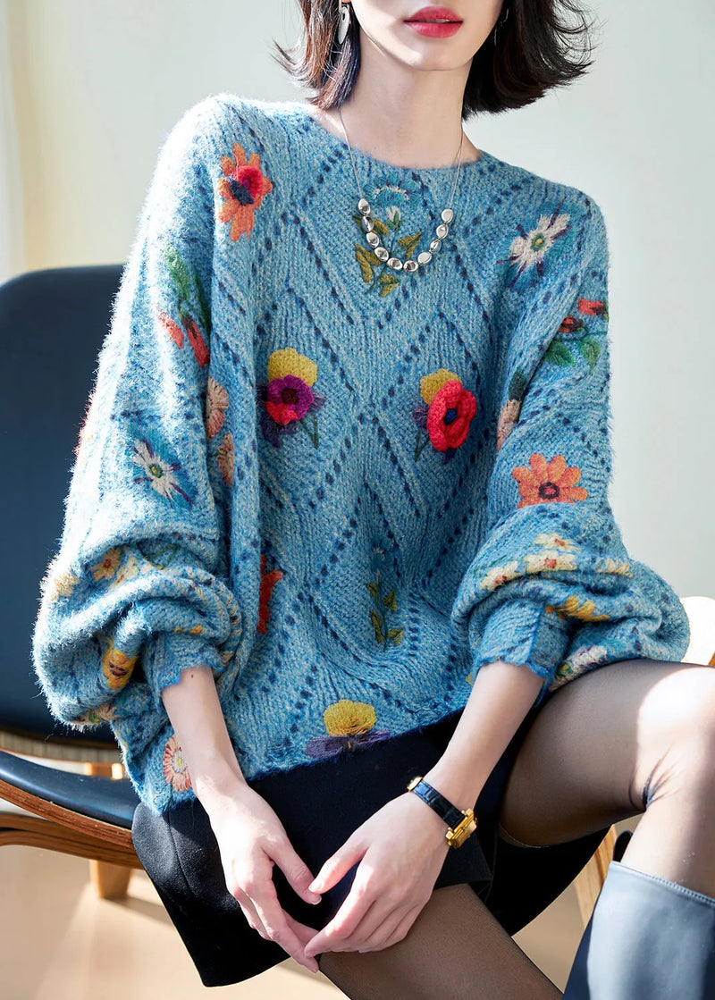 Blue O-neck Hollow Out Knit Sweaters Batwing Sleeve
