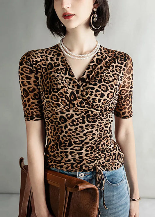 Leopard V Neck Cinched Tulle Tops Summer