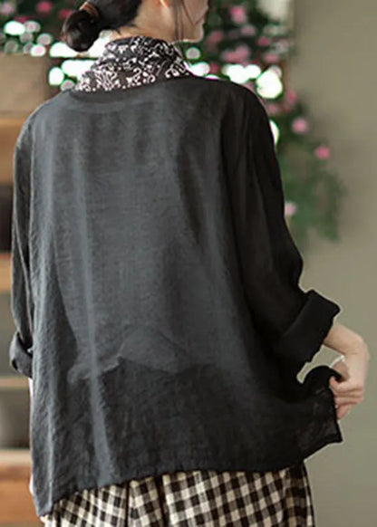 Black Turtle Neck Patchwork Linen Upf 50+ Coat Long Sleeve