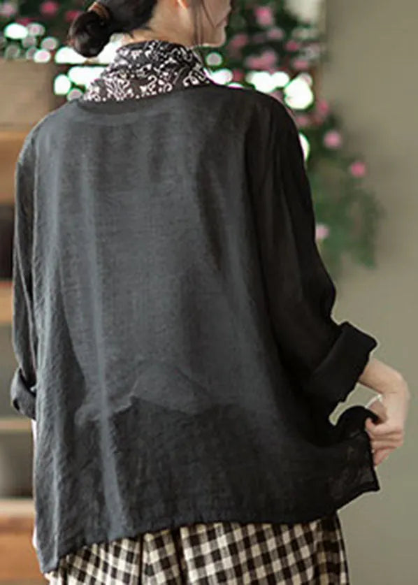 Black Turtle Neck Patchwork Linen Upf 50+ Coat Long Sleeve